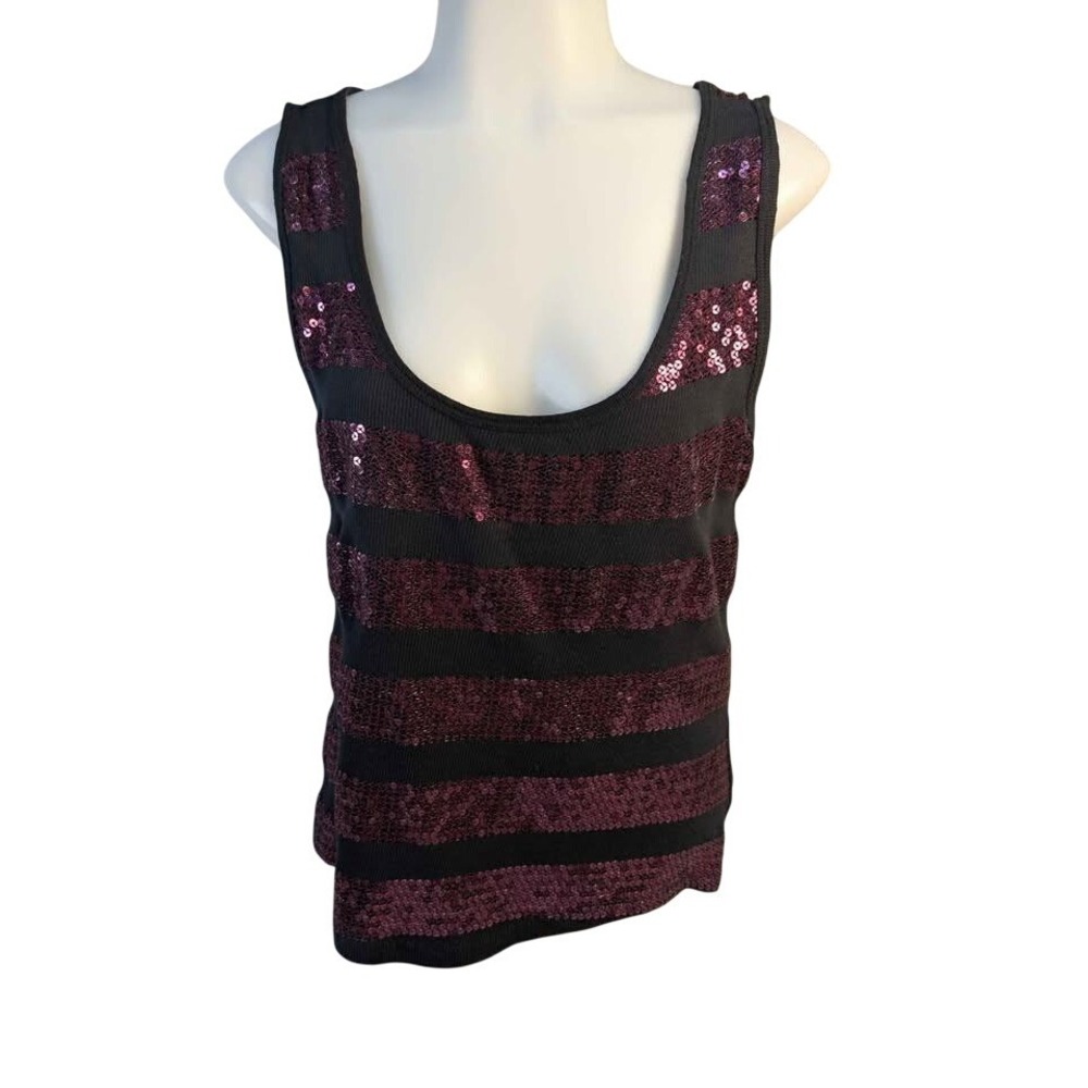 Bisou Bisou ~Tank~ Horizontal Stripes black fabric & raspberry sequins ~ Large‎